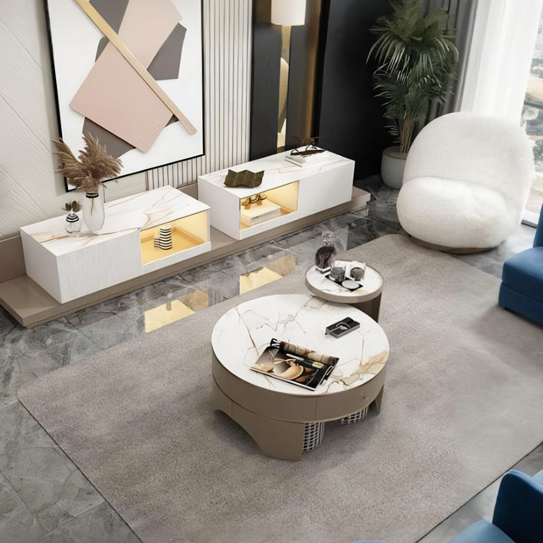 Umi Round Coffee Table Set with 4 Stools With TV Stand-Weilai Concept-Weilai Concept