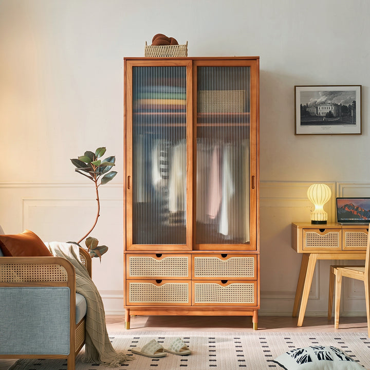 Fritzy Rattan Wardrobe With Coat Hanger & Sliding Glass Doors