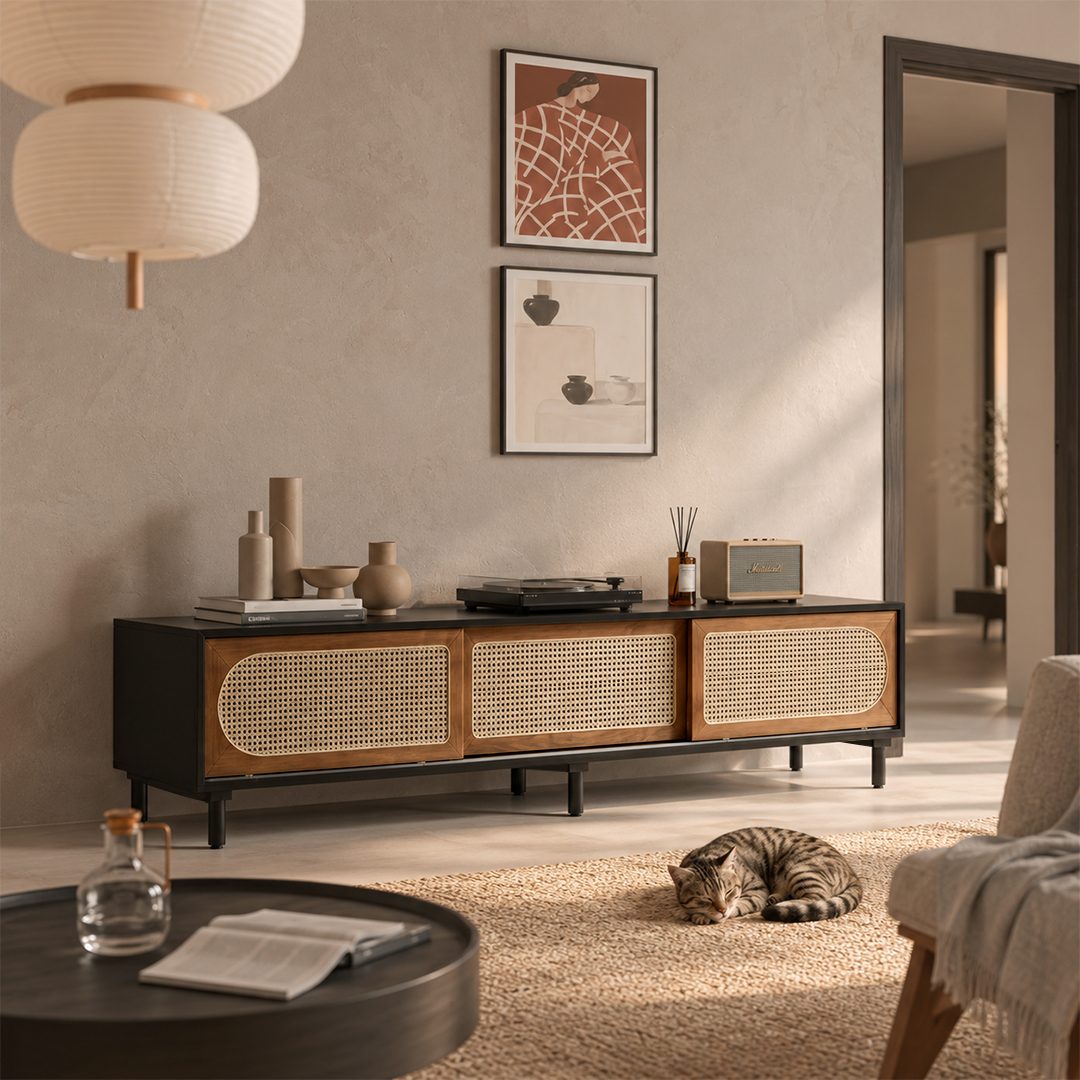 Black Cane & Chabine dorée Black Rattan TV Stand | Dogon Solid Wood - Weilai Concept