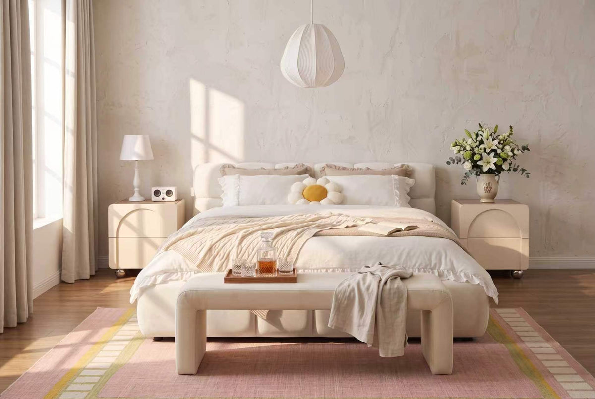 Soft neutral bedroom with upholstered bed, pastel rug and bedside tables