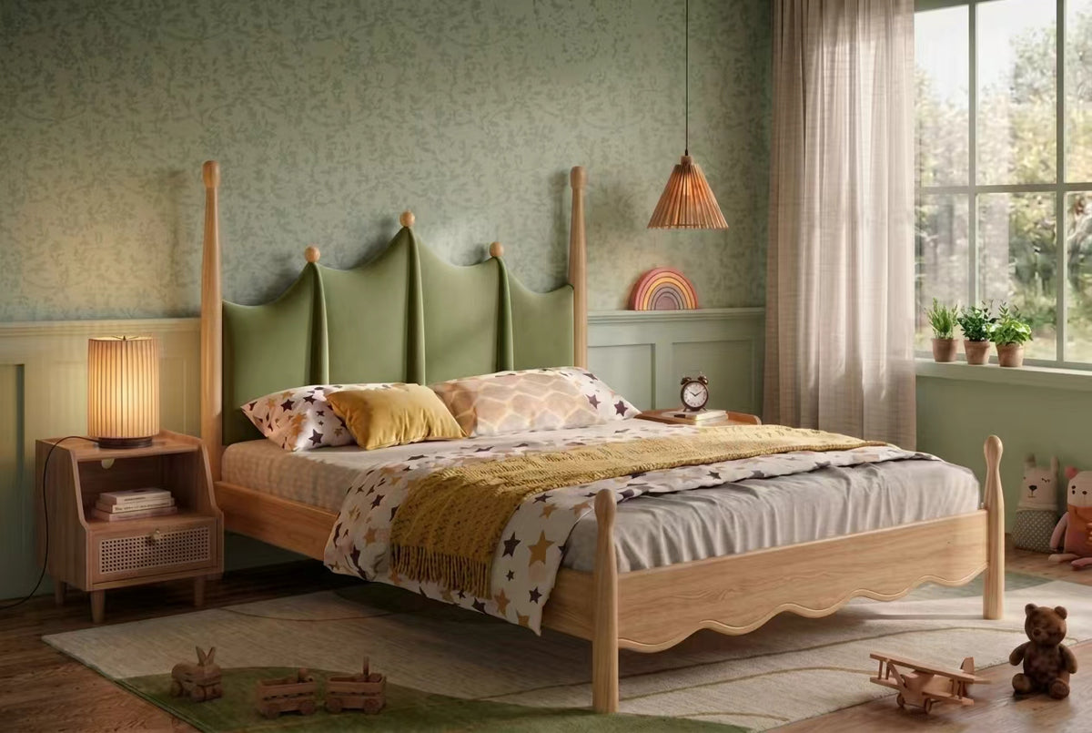Green children bedroom with wooden bed, rattan bedside table, rug and lamp