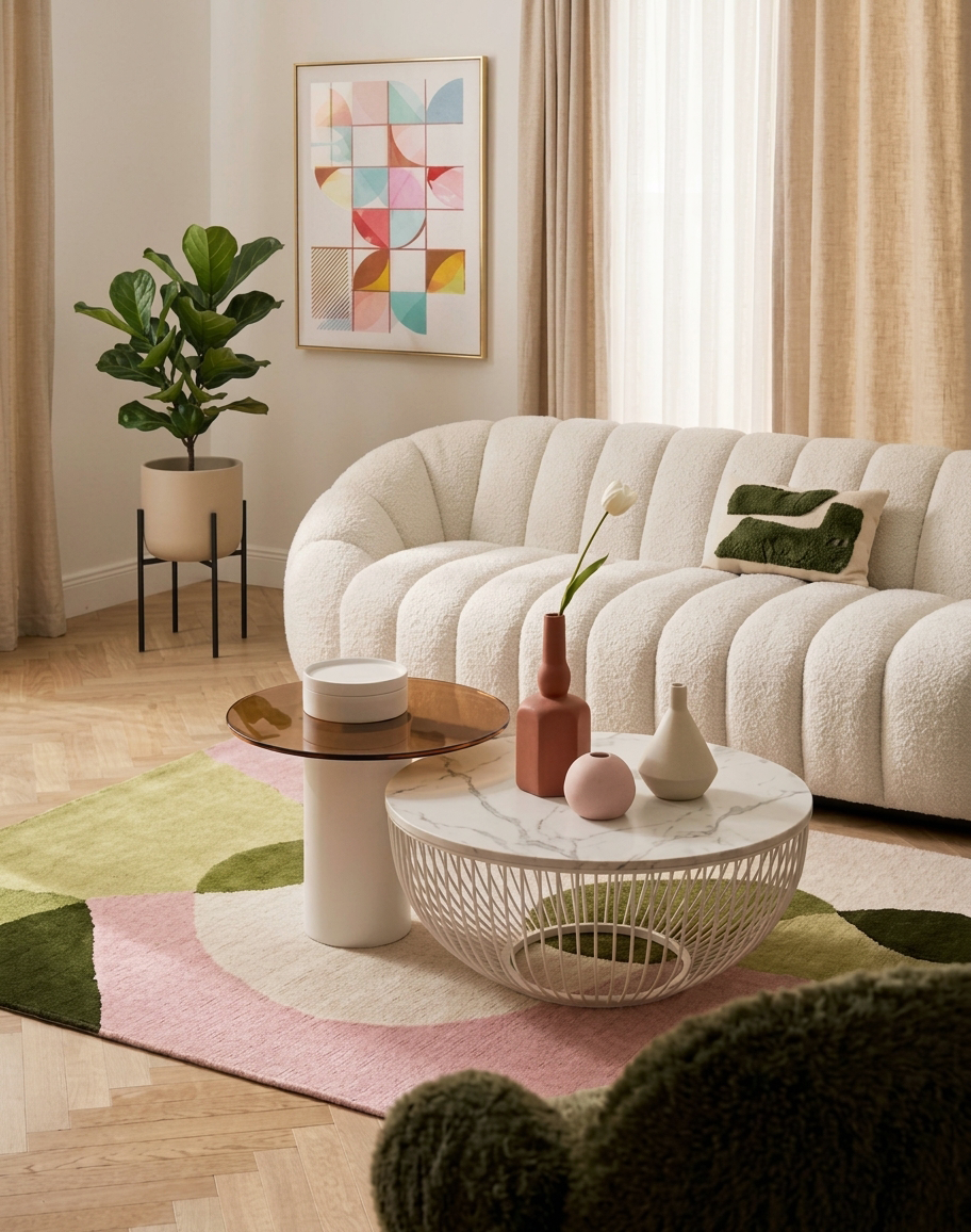 Colourful living room with curved boucle sofa, nesting tables and pastel rug