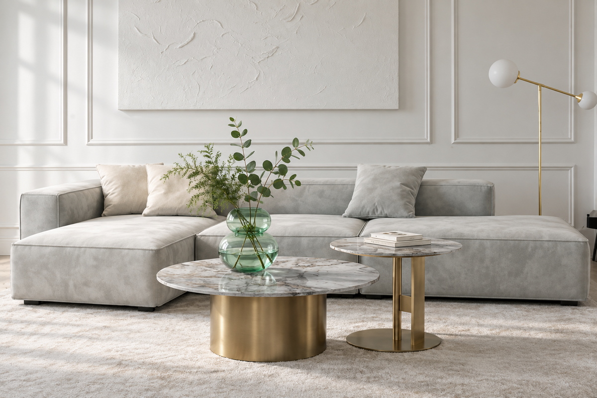 Minimal living room with grey corner sofa, gold nesting tables and decoration