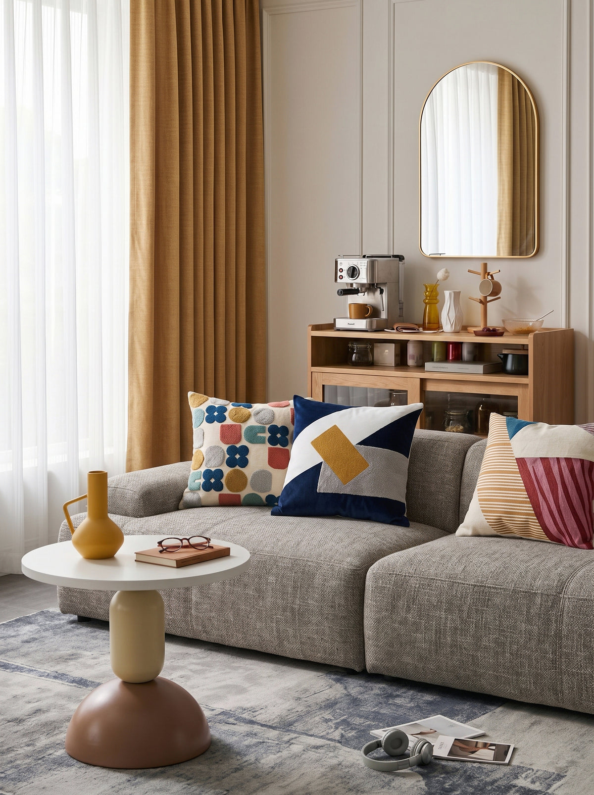Colourful modern living room with sofa, side table, cushions and sideboard