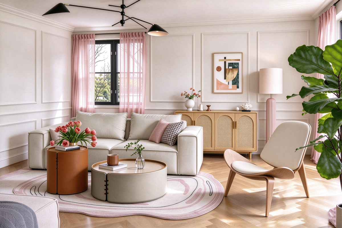 Pink modern living room with sofa, shell chair, sideboard and coffee tables