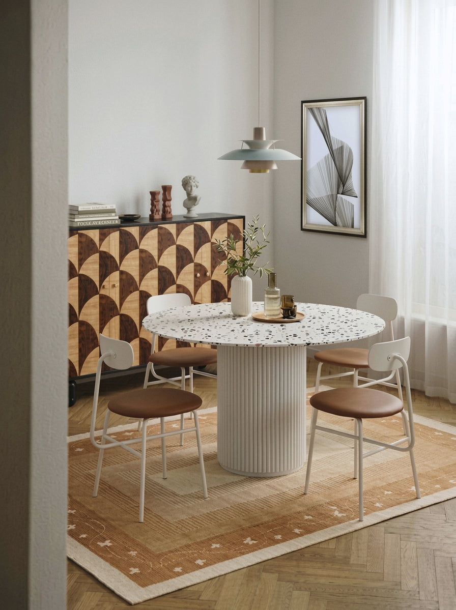 Bright dining room with terrazzo table, patterned sideboard, rug and wall art