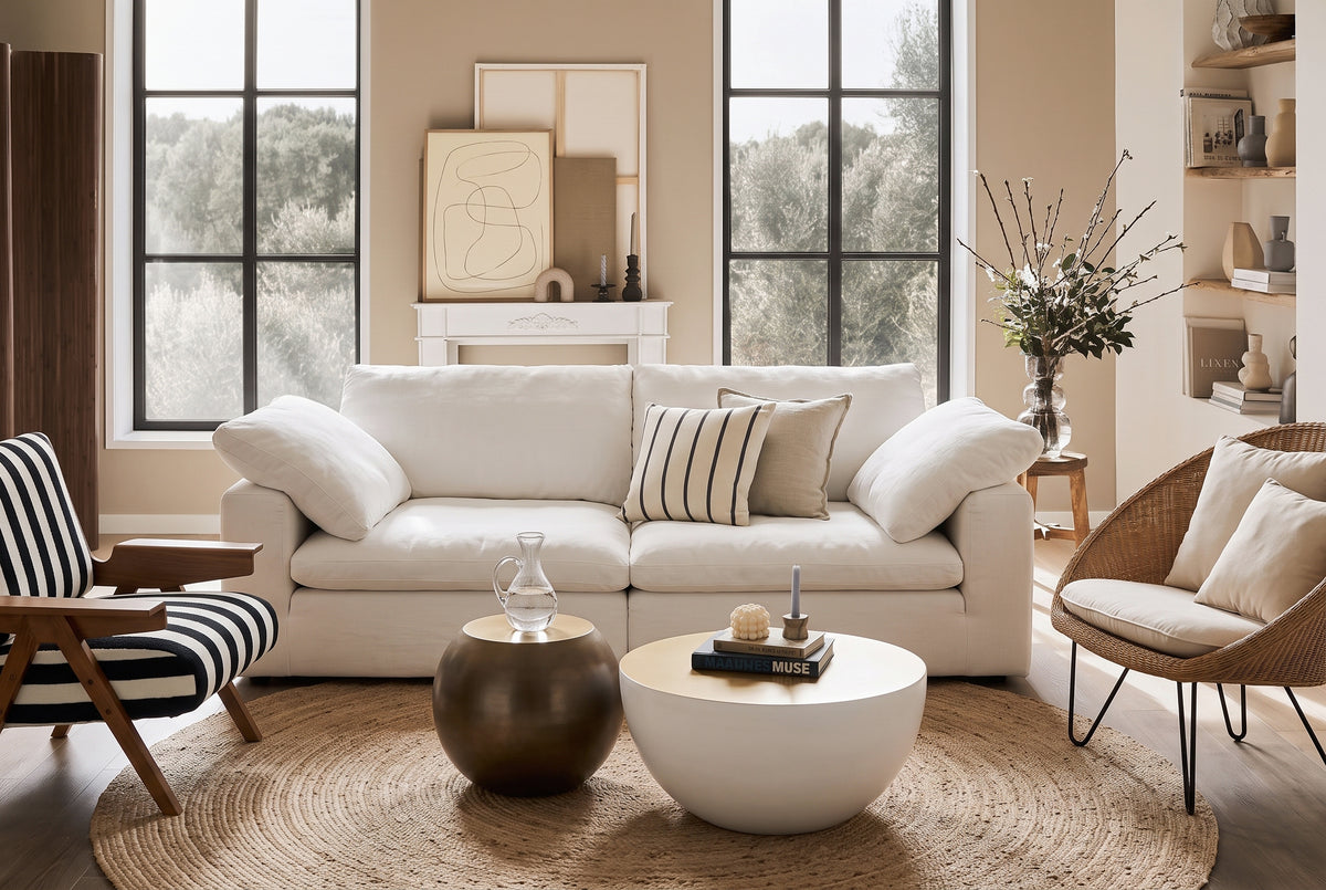 Bright living room with white sofa, lounge chairs and nesting coffee tables