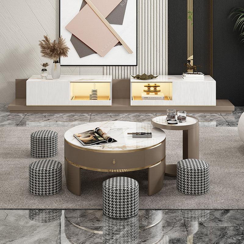 Umi Round Coffee Table Set with 4 Stools With TV Stand - Weilai Concept