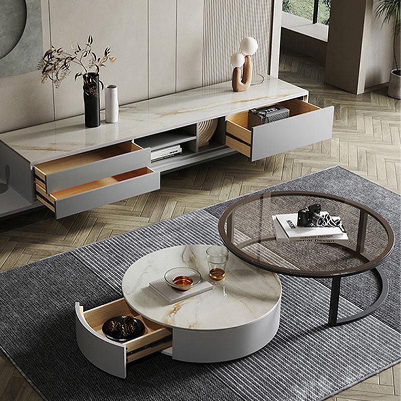 CHI Morden Round Nesting Coffee Table With TV Stand, Black Leg - Weilai Concept