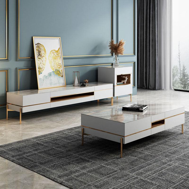 VIda Rectangle Coffee Table Set With TV Stand, Gold Leg - Weilai Concept